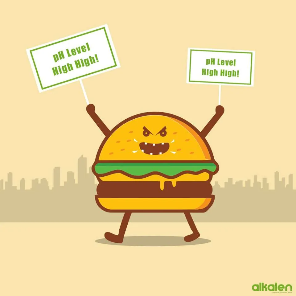 Alkalen post: an angry burger with pH level high high signs